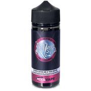 A 100ml bottle of EZ Duz It On Ice Ruthless e-liquid with a black and purple label, indicating nicotine-free and 70/30 VG/PG ratio.